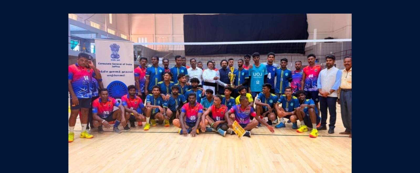 Friendly volleyball match between officials of CGI Jaffna and students of the University of Jaffna on the occasion of National Sports Day.